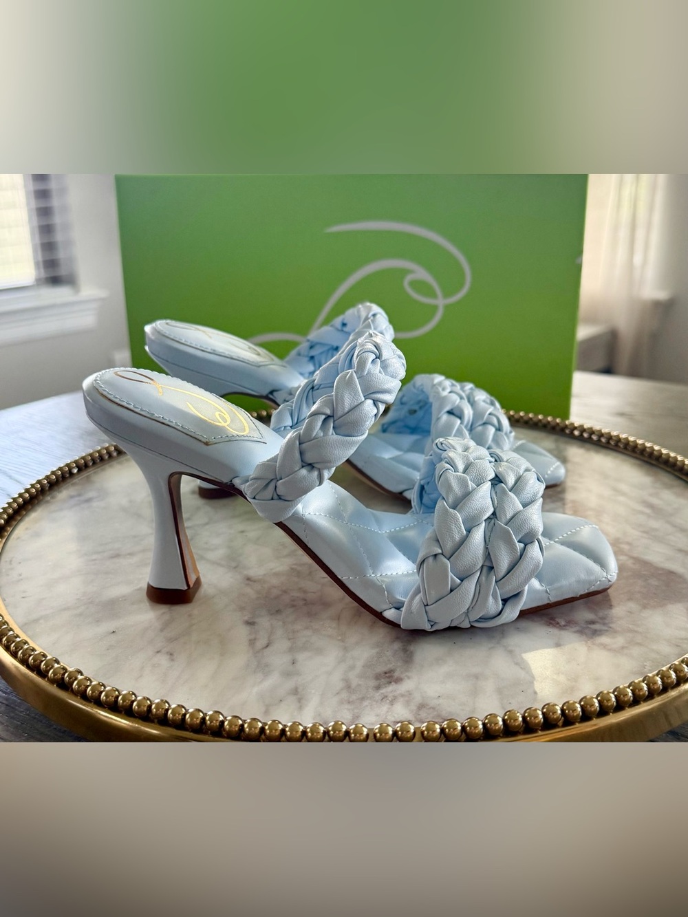 Sam Edelman Meghan Riveria Blue Leather Quilted Mule Heels Sandals|Sz 5 NWB - Picture 4 of 7
